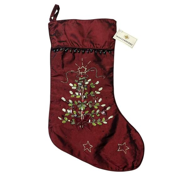 Elegant Dark Red Satin Ribbon Embroidered Christmas Stocking Tree Embellished - Picture 7 of 7